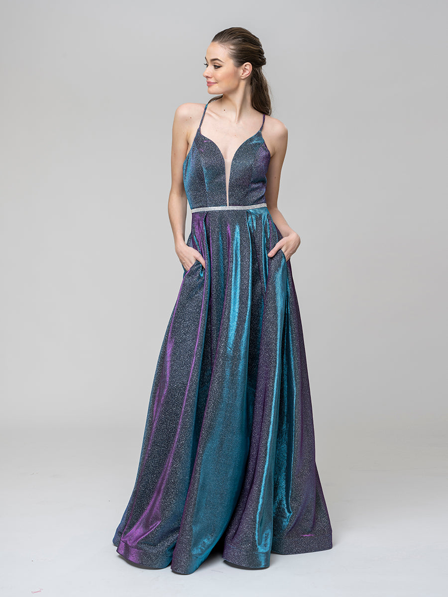 A Line Metallic Glitter Formal Party Prom Dresses With Beaded Waist