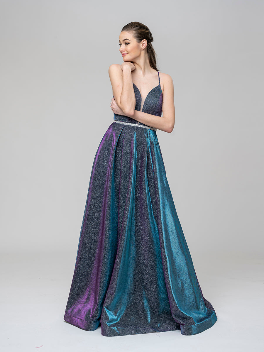 A Line Metallic Glitter Formal Party Prom Dresses With Beaded Waist