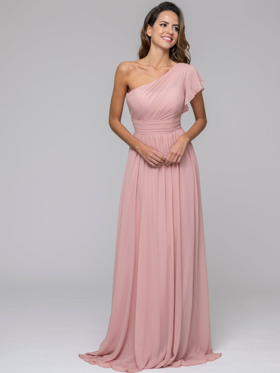 Dusty Rose A Line One Shoulder Chiffon Flutter Sleeve Bridesmaid Dresses