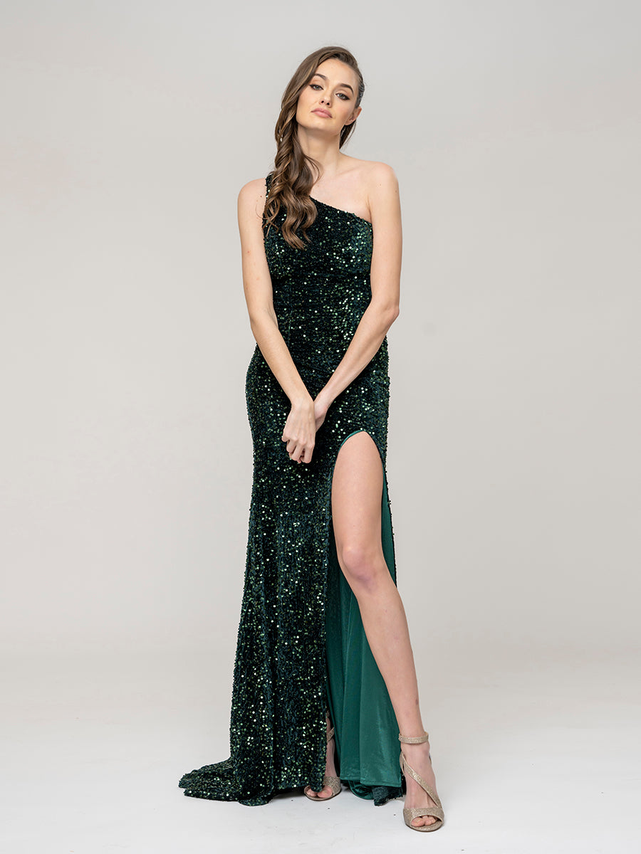 All Over Sequin One Shoulder Fitted Long Prom Dresses