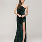 All Over Sequin One Shoulder Fitted Long Prom Dresses