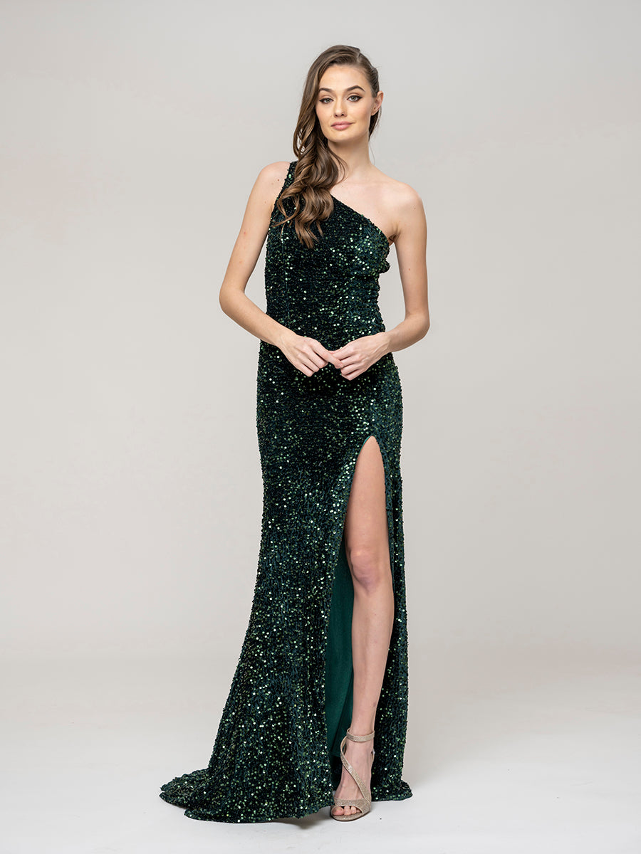 All Over Sequin One Shoulder Fitted Long Prom Dresses