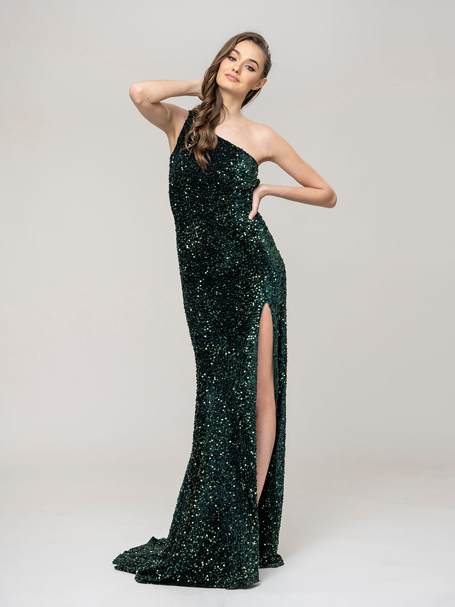 All Over Sequin One Shoulder Fitted Long Prom Dresses