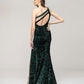 All Over Sequin One Shoulder Fitted Long Prom Dresses