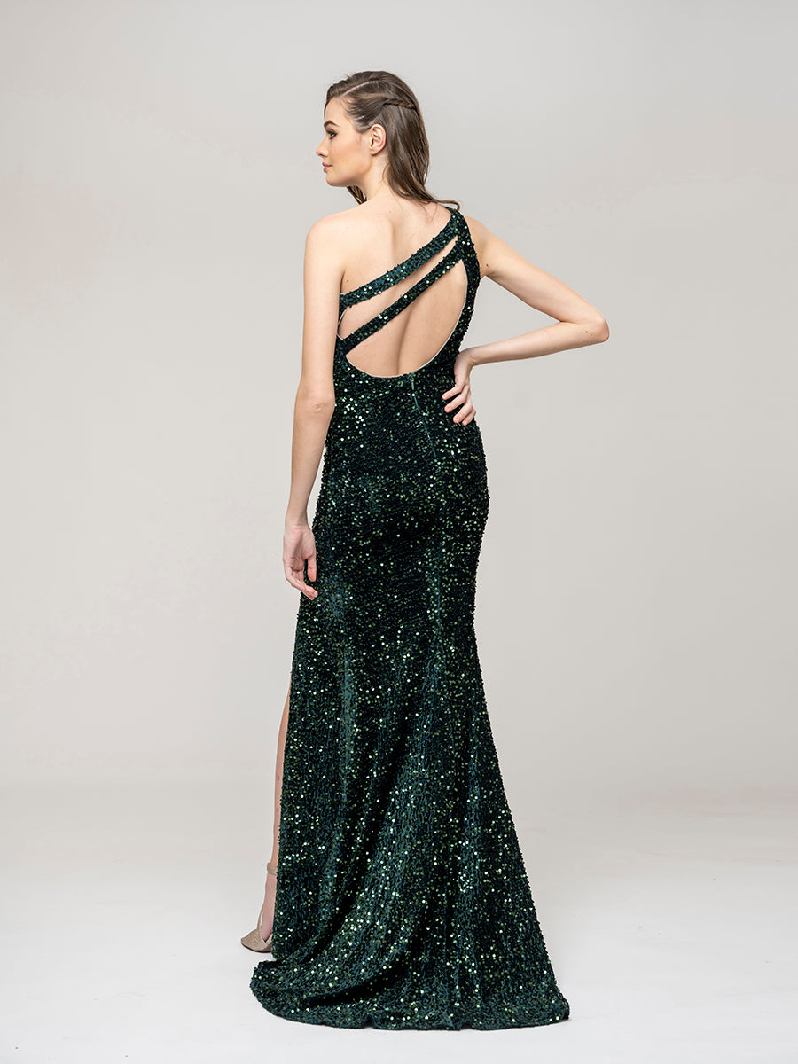 All Over Sequin One Shoulder Fitted Long Prom Dresses