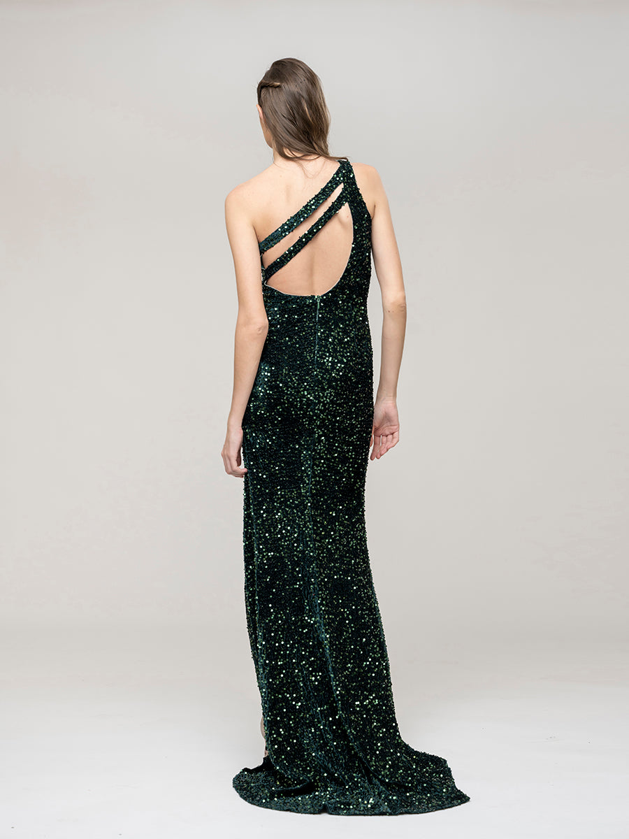 All Over Sequin One Shoulder Fitted Long Prom Dresses