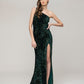 All Over Sequin One Shoulder Fitted Long Prom Dresses