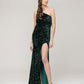 All Over Sequin One Shoulder Fitted Long Prom Dresses