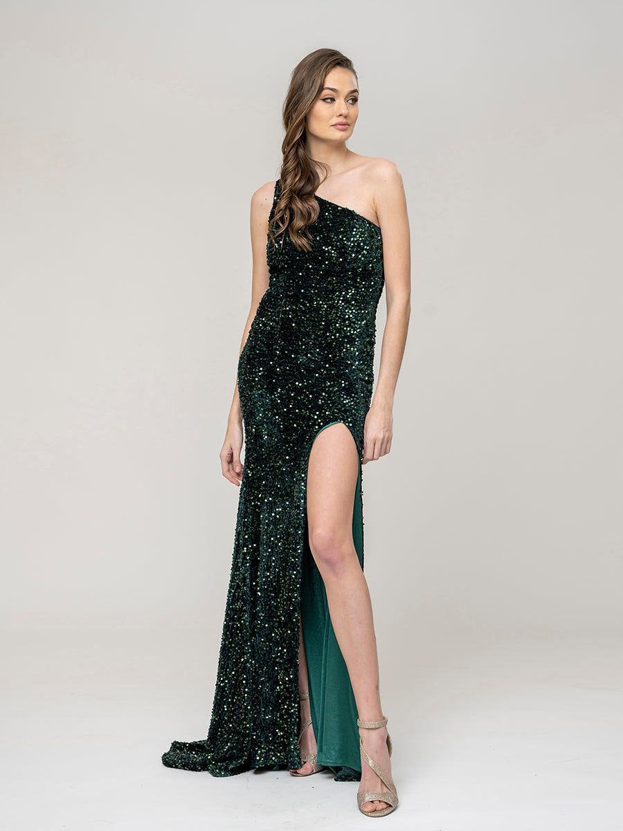 All Over Sequin One Shoulder Fitted Long Prom Dresses