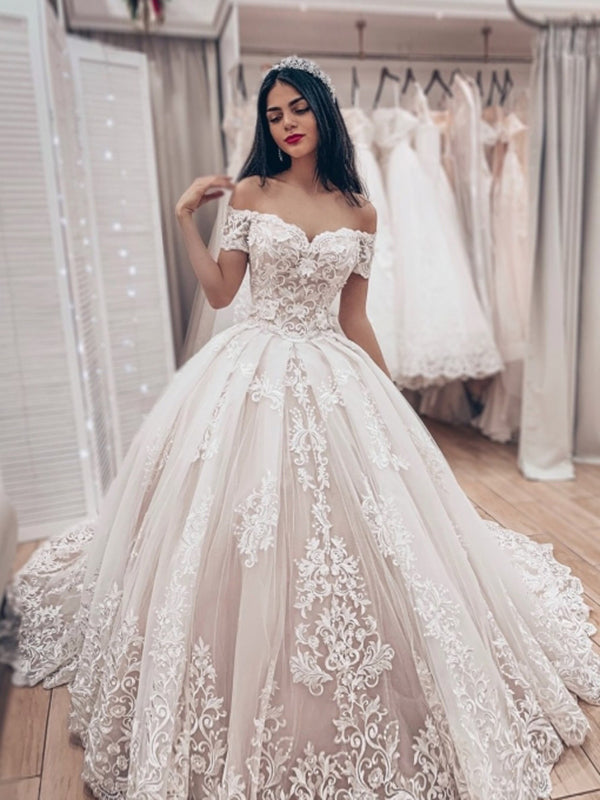 Applique Off The Shoulder Sweetheart Ball Gown Wedding Dresses