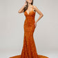 Burnt Orange Fitted Sequin Fitted Prom Dresses