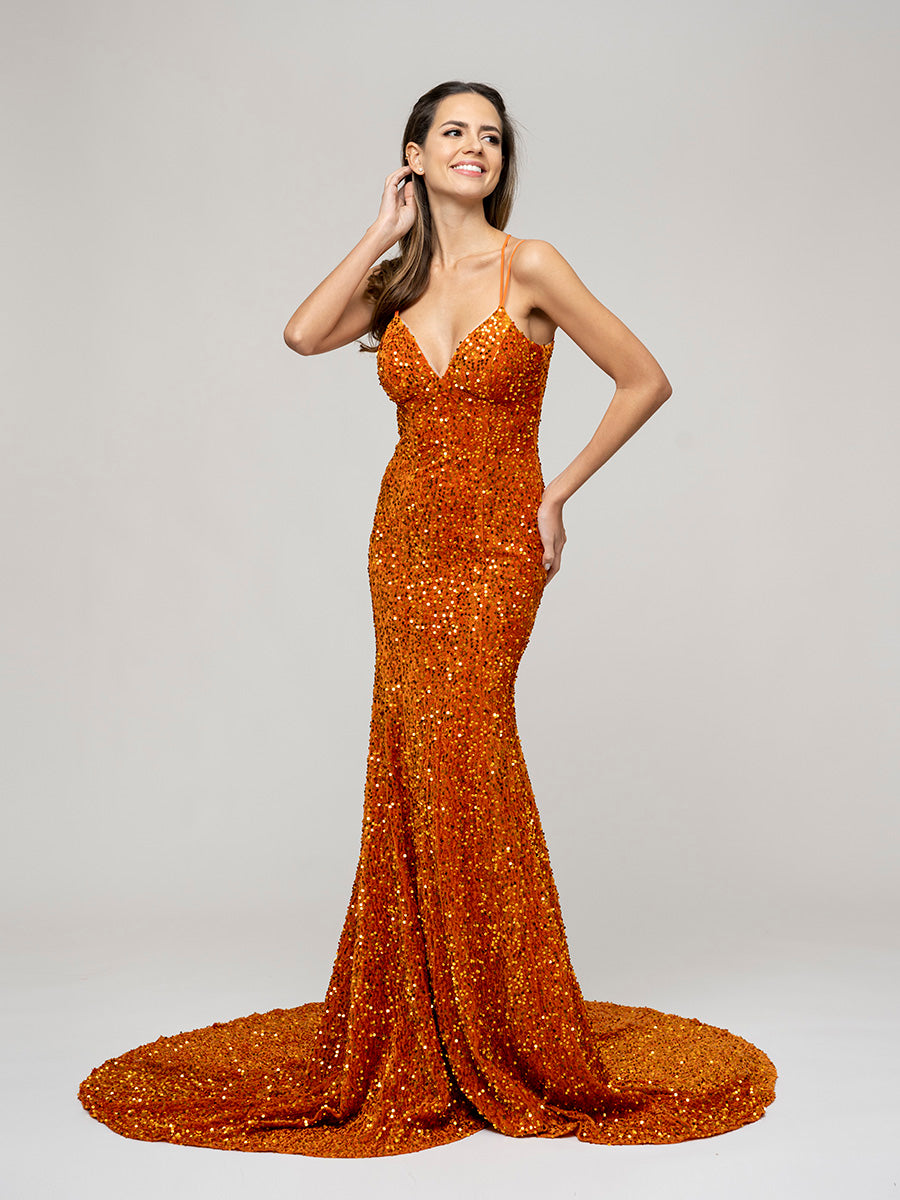 Burnt Orange Fitted Sequin Fitted Prom Dresses