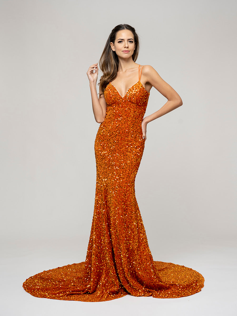 Burnt Orange Fitted Sequin Fitted Prom Dresses