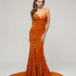 Burnt Orange Fitted Sequin Fitted Prom Dresses