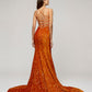 Burnt Orange Fitted Sequin Fitted Prom Dresses