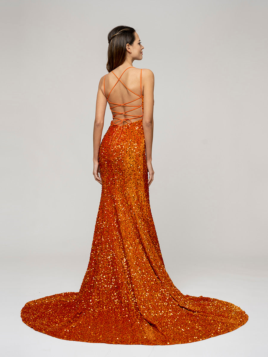 Burnt Orange Fitted Sequin Fitted Prom Dresses