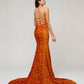 Burnt Orange Fitted Sequin Fitted Prom Dresses