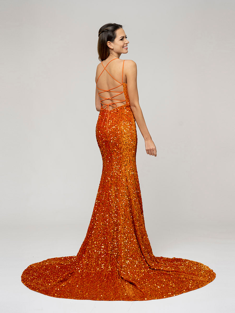 Burnt Orange Fitted Sequin Fitted Prom Dresses