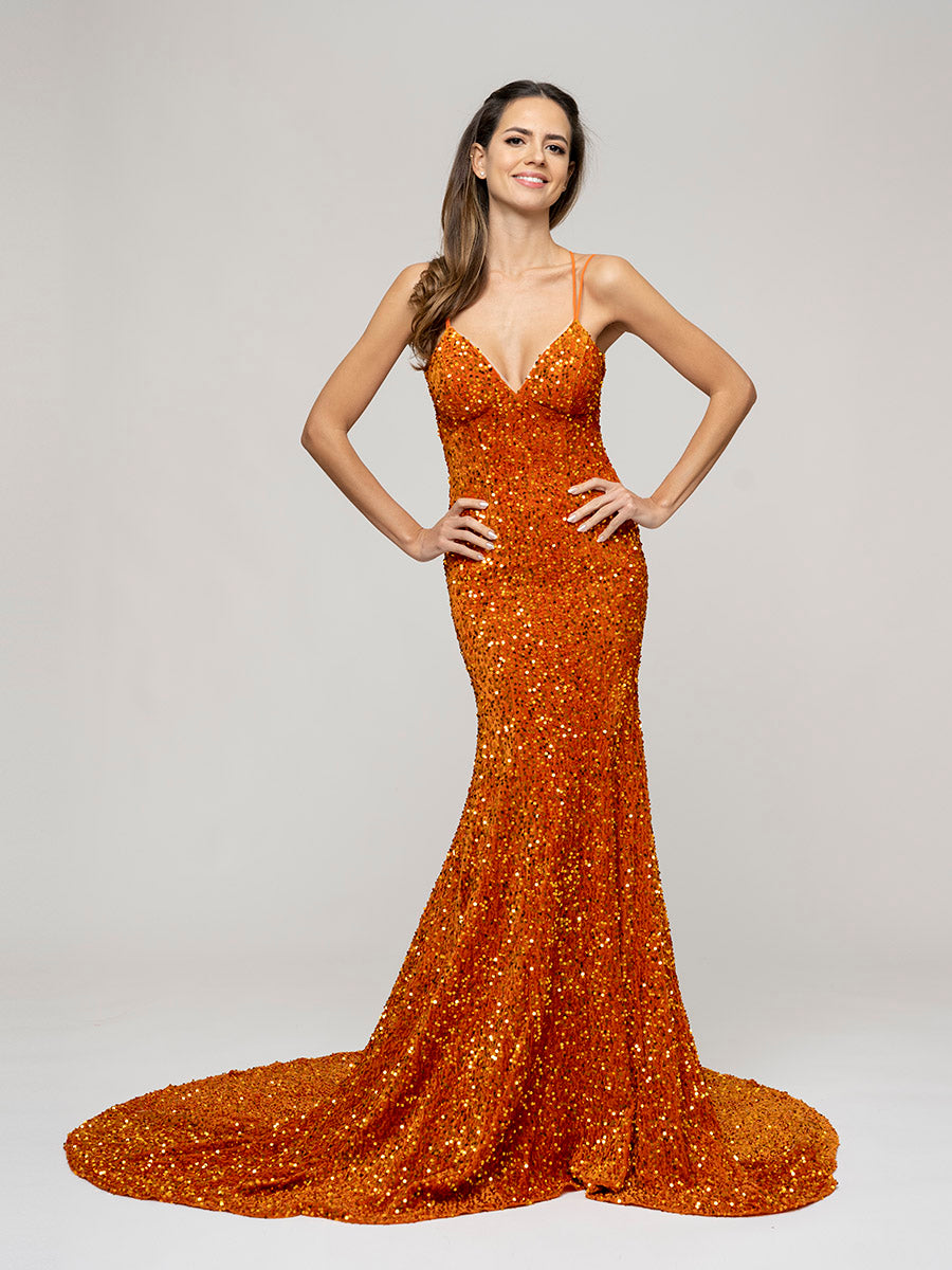 Burnt Orange Fitted Sequin Fitted Prom Dresses