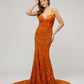 Burnt Orange Fitted Sequin Fitted Prom Dresses