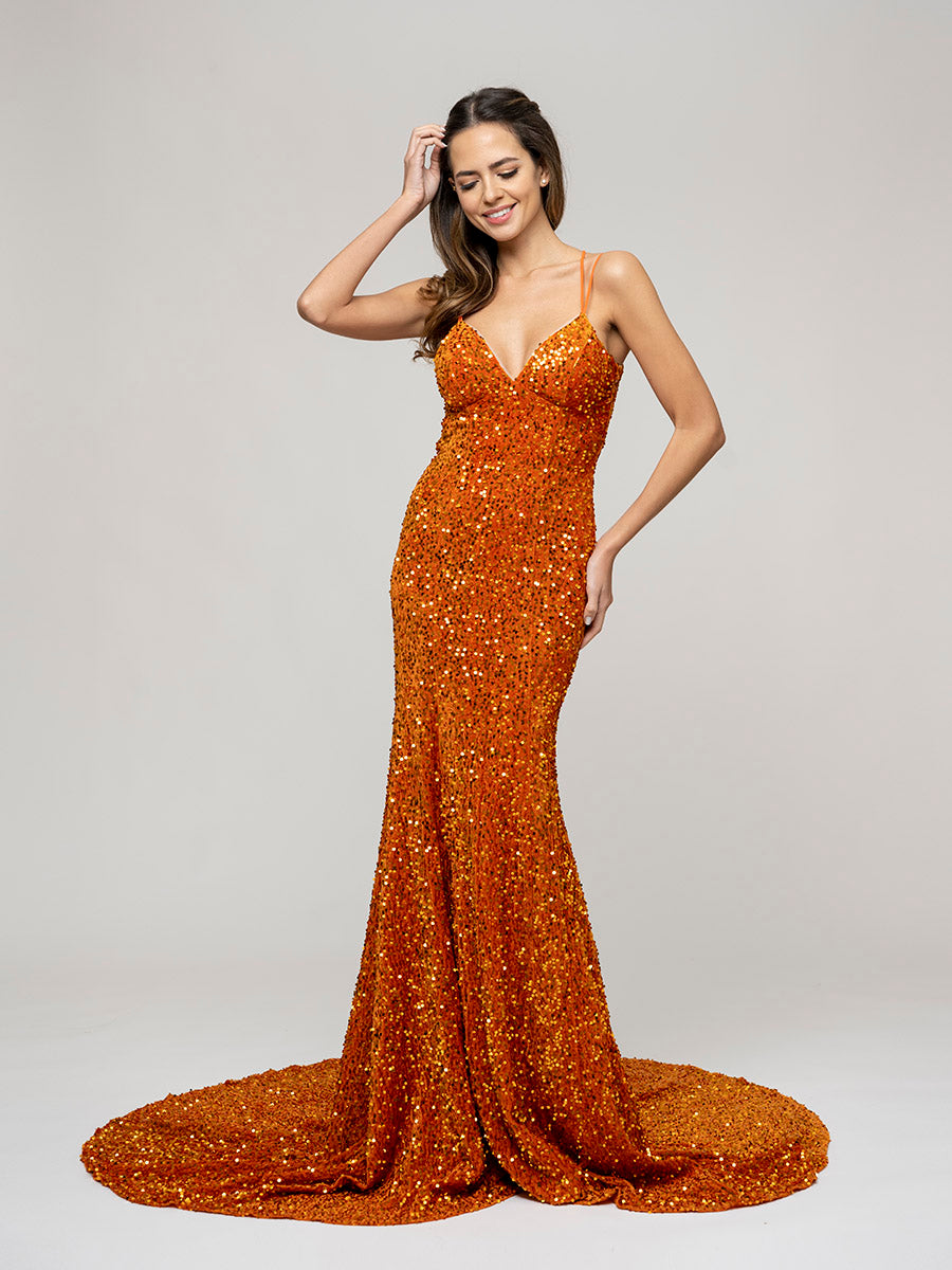 Burnt Orange Fitted Sequin Fitted Prom Dresses