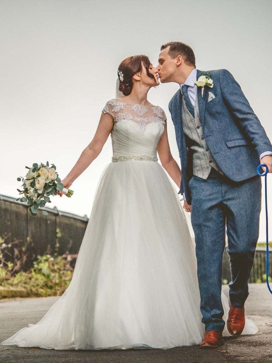 Classic Cap Sleeve High Neck Applique A Line Wedding Dresses