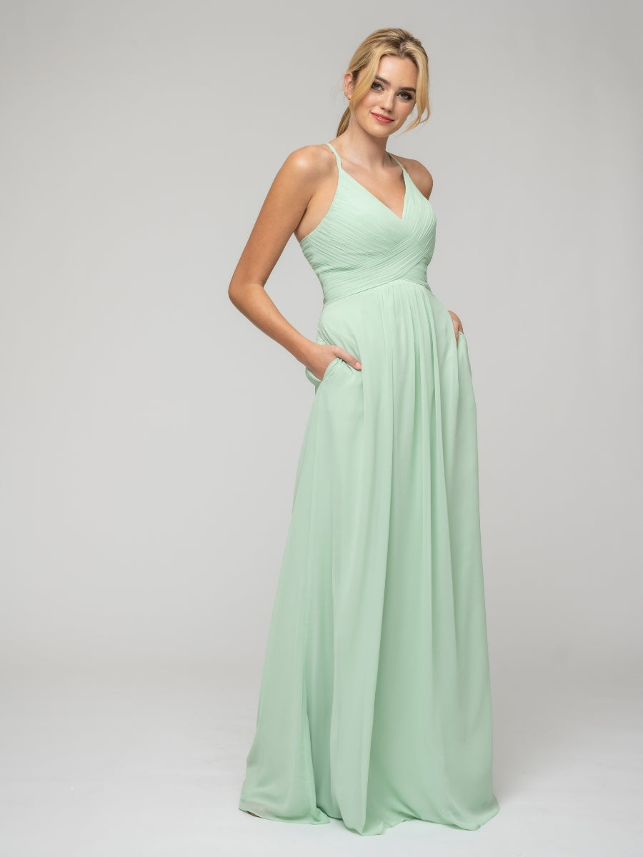 Chiffon Sweetheart Pocket Bridesmaid Dresses With Crisscross Back