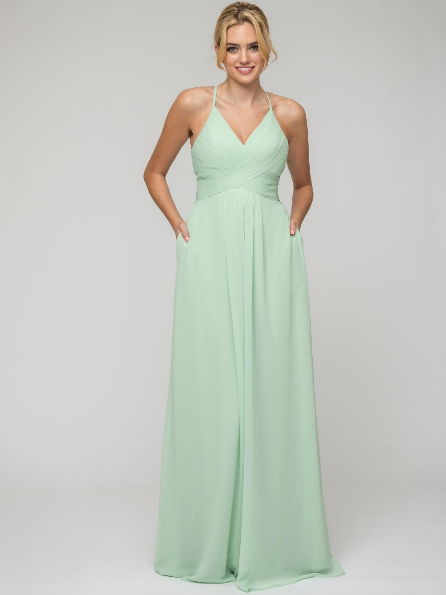 Chiffon Sweetheart Pocket Bridesmaid Dresses With Crisscross Back