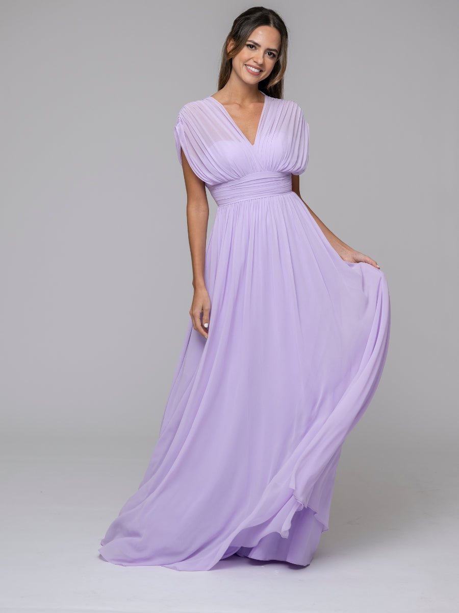 Lilac Chiffon V Neck Cap Sleeve Floor Length Bridesmaid Dresses