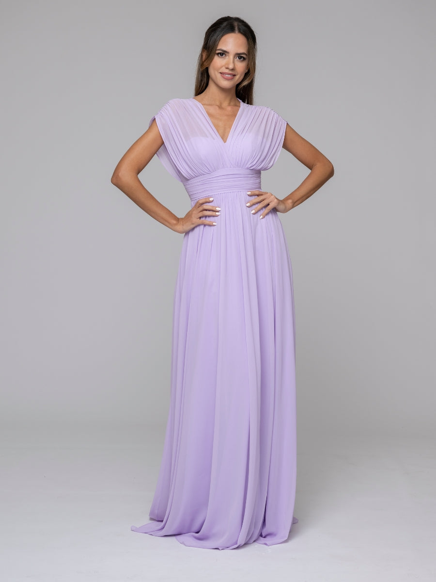 Lilac Chiffon V Neck Cap Sleeve Floor Length Bridesmaid Dresses