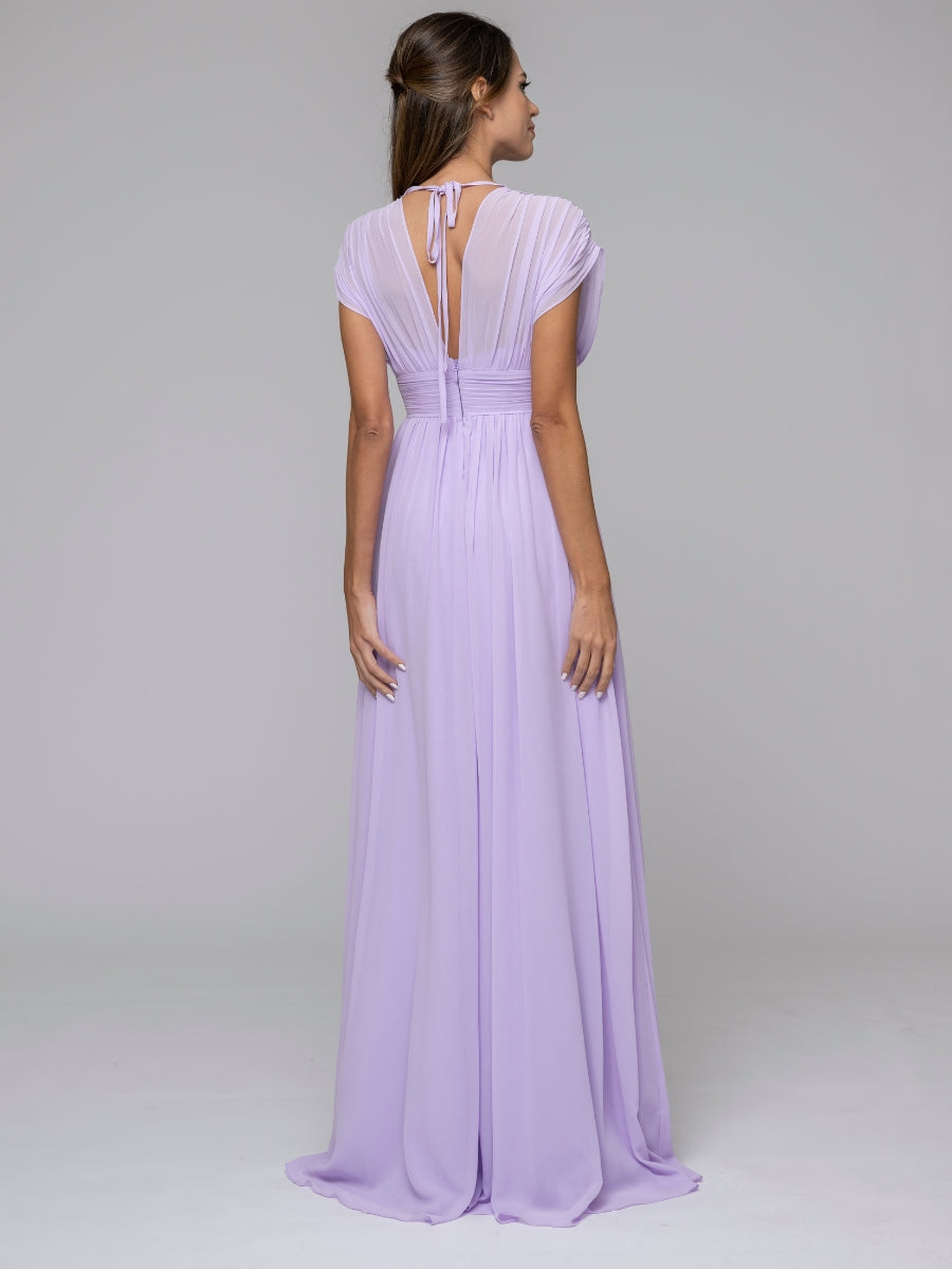 Lilac Chiffon V Neck Cap Sleeve Floor Length Bridesmaid Dresses