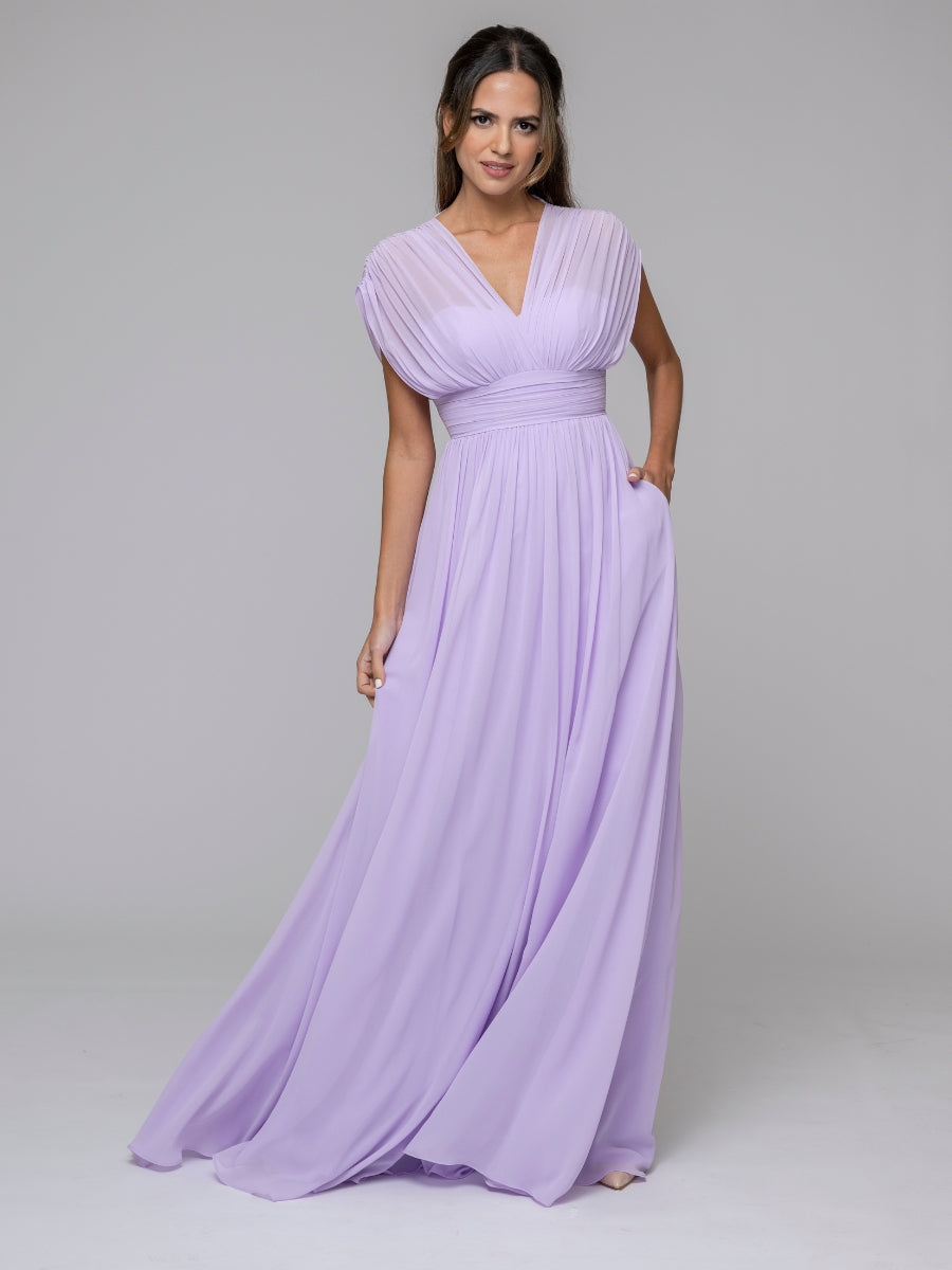 Lilac Chiffon V Neck Cap Sleeve Floor Length Bridesmaid Dresses