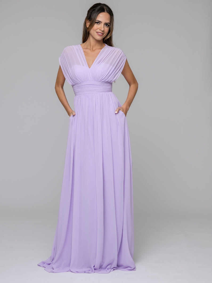 Lilac Chiffon V Neck Cap Sleeve Floor Length Bridesmaid Dresses