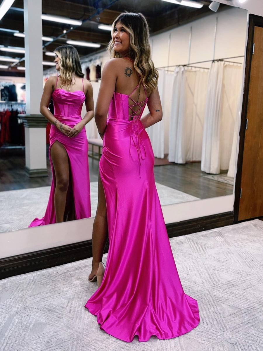 Sheath Satin Corset Prom Dresses With Side Slit