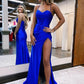 Sheath Satin Corset Prom Dresses With Side Slit