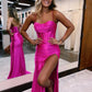 Sheath Satin Corset Prom Dresses With Side Slit