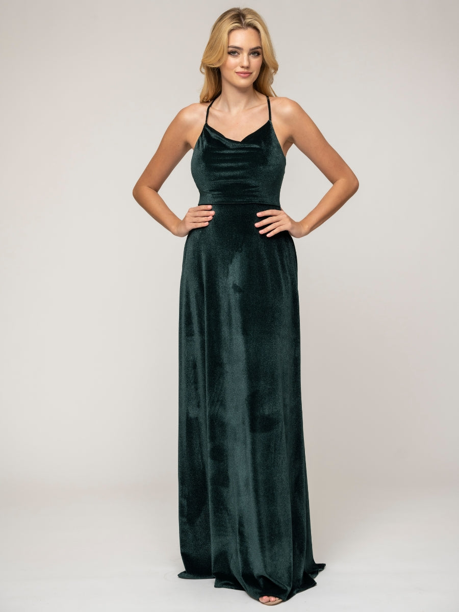 Cowl Neck Criss Cross Back Velvet Sheath Bridal Party Dress