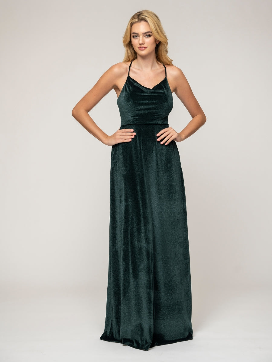 Cowl Neck Criss Cross Back Velvet Sheath Bridal Party Dress