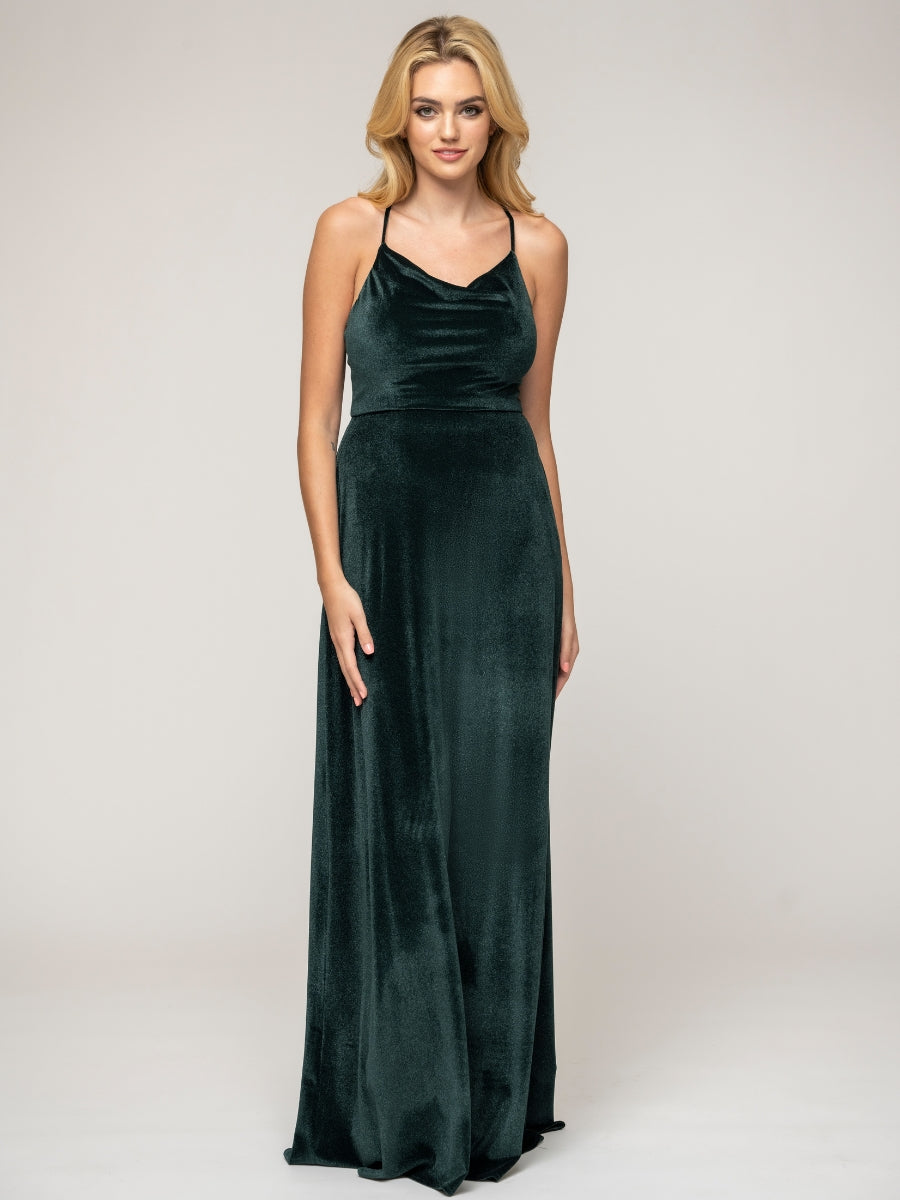 Cowl Neck Criss Cross Back Velvet Sheath Bridal Party Dress