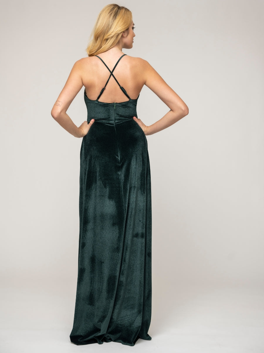 Cowl Neck Criss Cross Back Velvet Sheath Bridal Party Dress