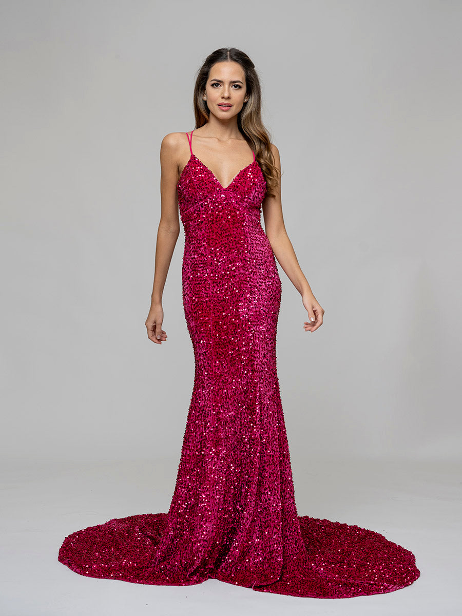 Criss Cross Back Fitted Sequin Party Prom Dresses