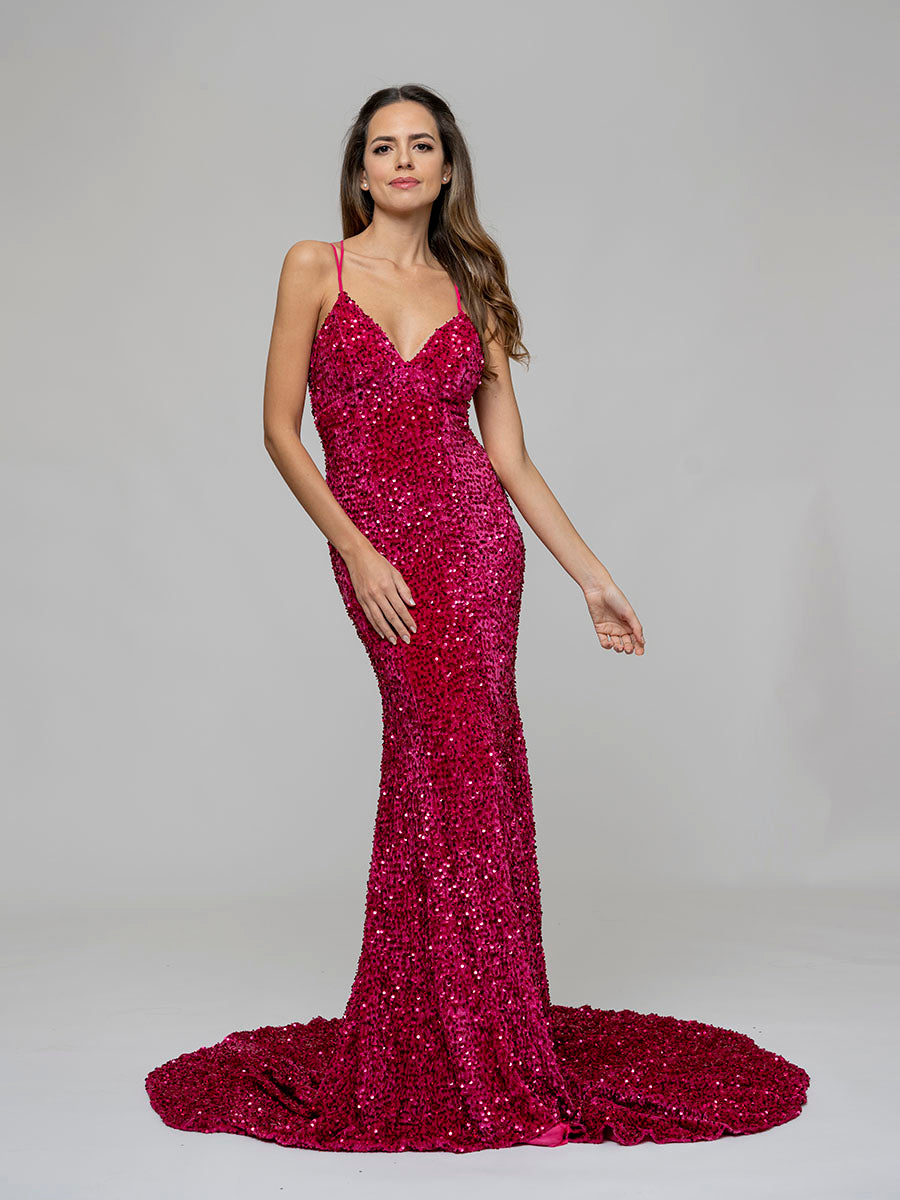 Criss Cross Back Fitted Sequin Party Prom Dresses