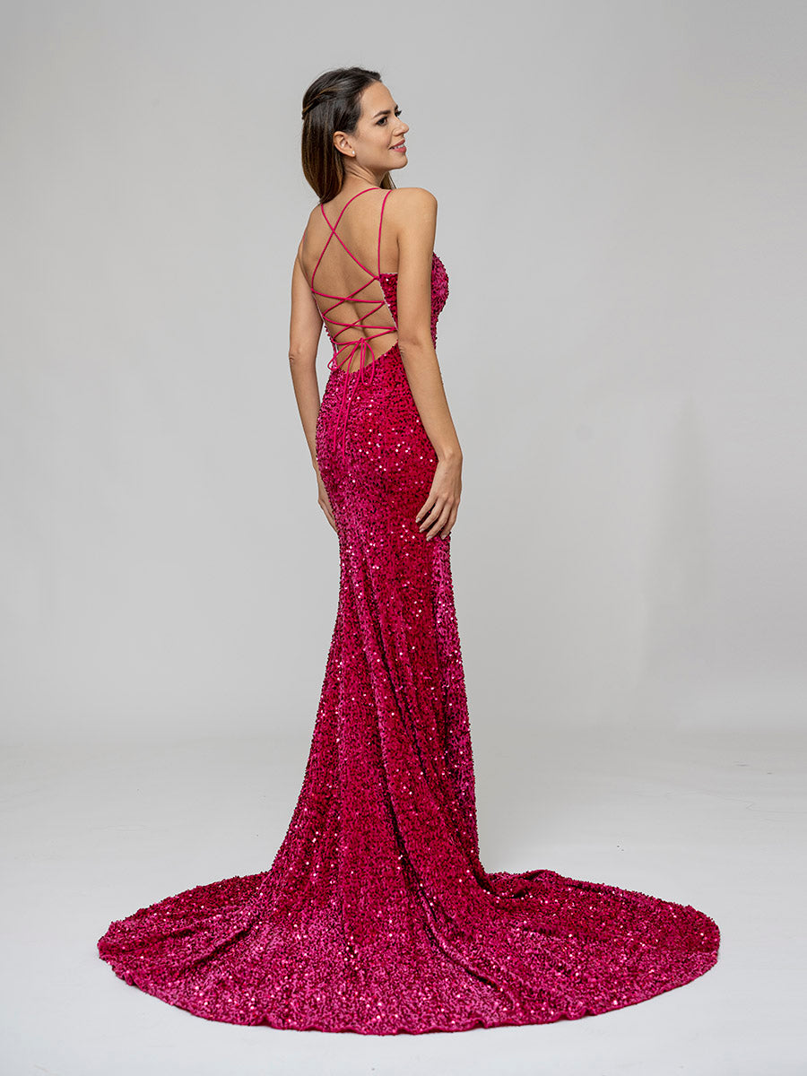 Criss Cross Back Fitted Sequin Party Prom Dresses