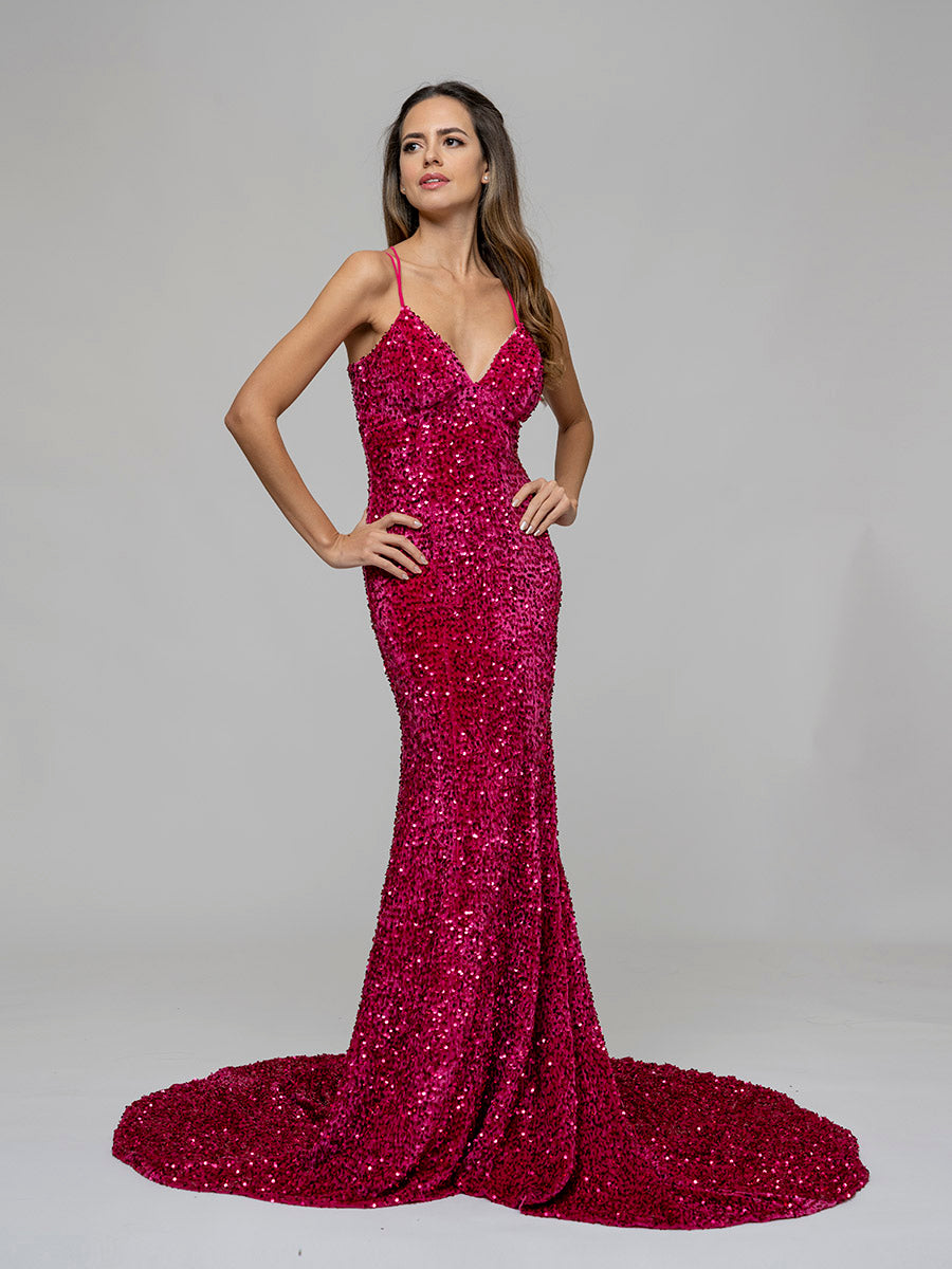 Criss Cross Back Fitted Sequin Party Prom Dresses