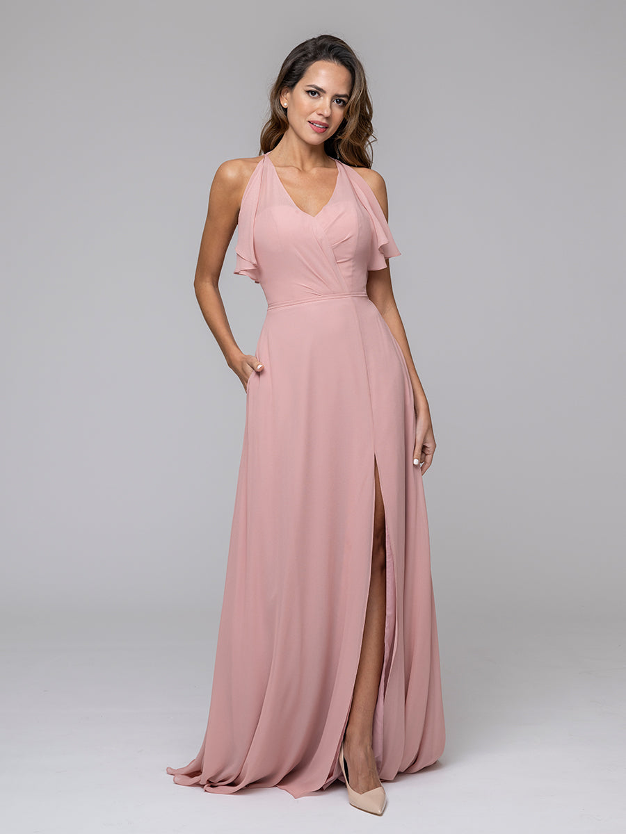 Dusty Rose Ruffles V Neck Floor Length Chiffon Bridesmaid Dresses