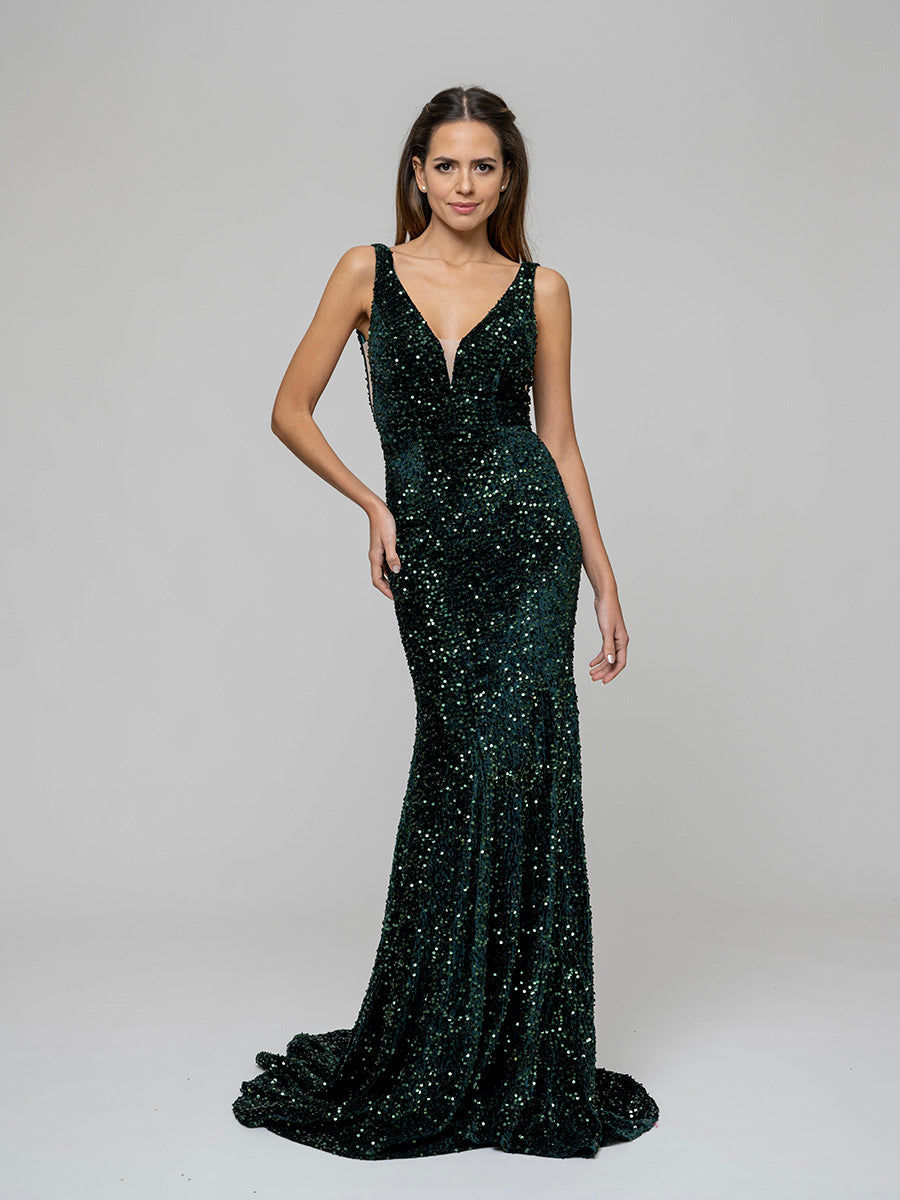 Emerald Velvet Sequin Fitted Sweep Train Prom Dresses