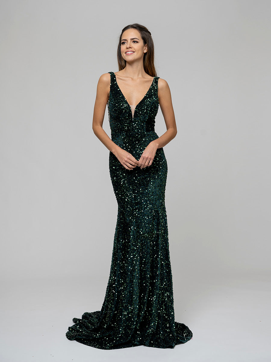 Emerald Velvet Sequin Fitted Sweep Train Prom Dresses