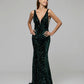 Emerald Velvet Sequin Fitted Sweep Train Prom Dresses