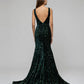 Emerald Velvet Sequin Fitted Sweep Train Prom Dresses