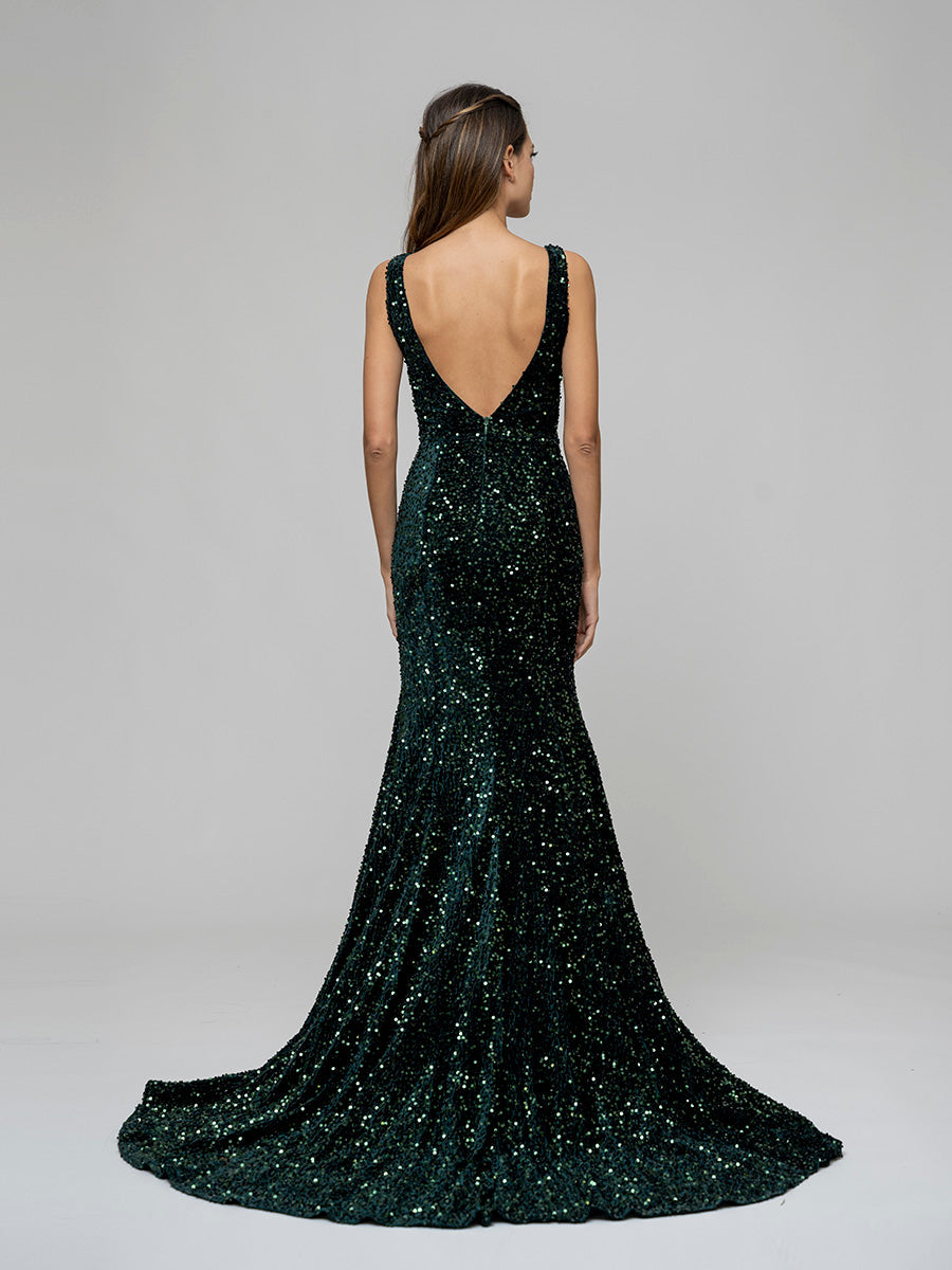 Emerald Velvet Sequin Fitted Sweep Train Prom Dresses